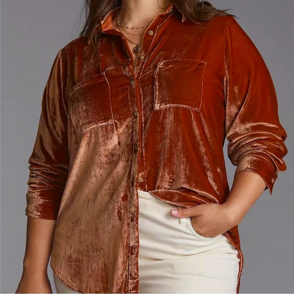 Pilcro x Anthropologie Button-Up Velvet Shirt - Vibrant Burnt Orange - 2X